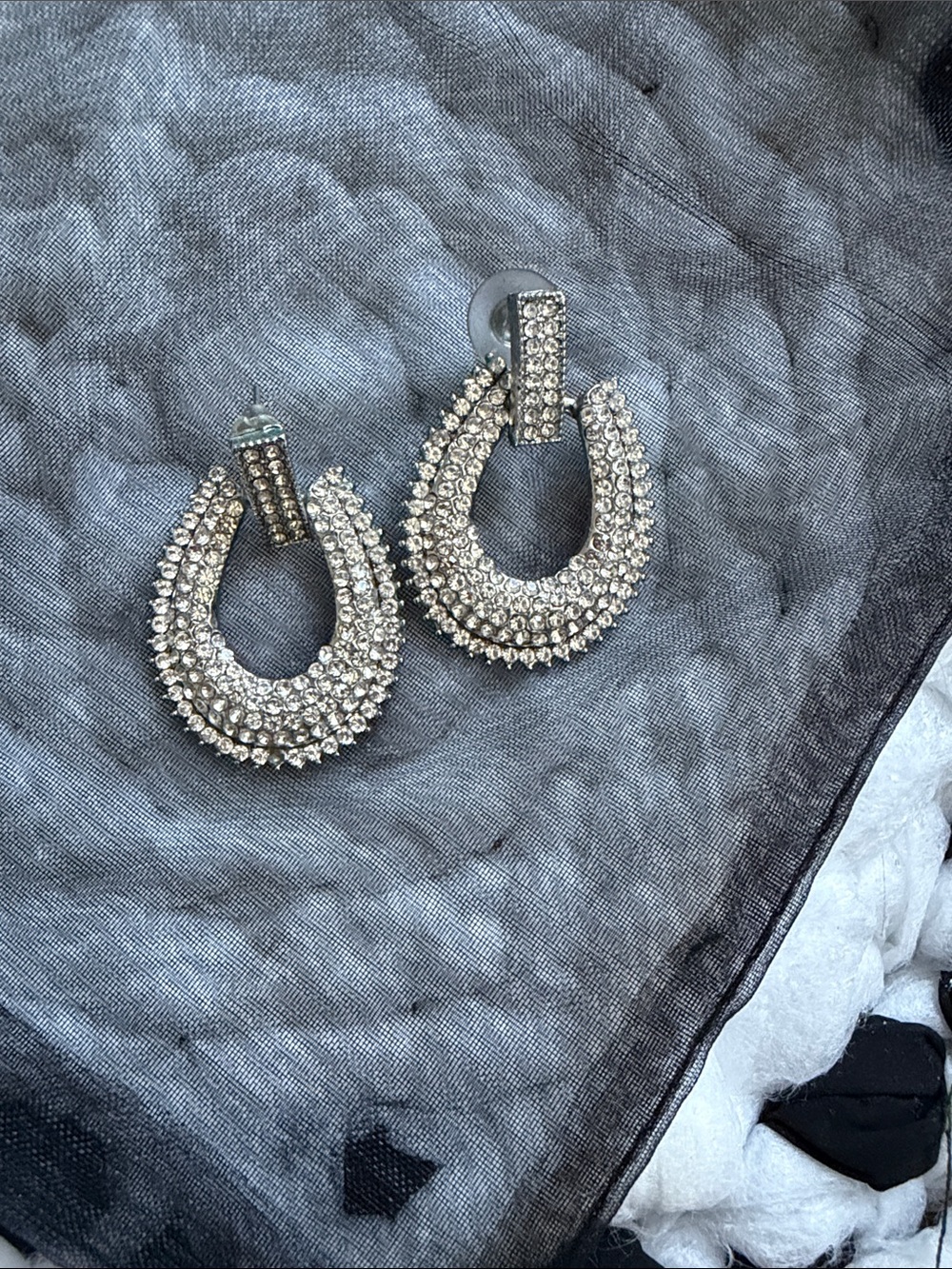 5/$15 Rhinestone Teardrop Hoop Earrings - Silver Sparkle